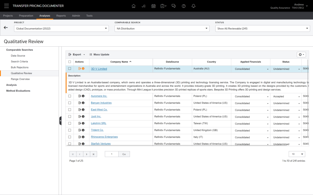 Transfer Pricing Documenter benchmark list