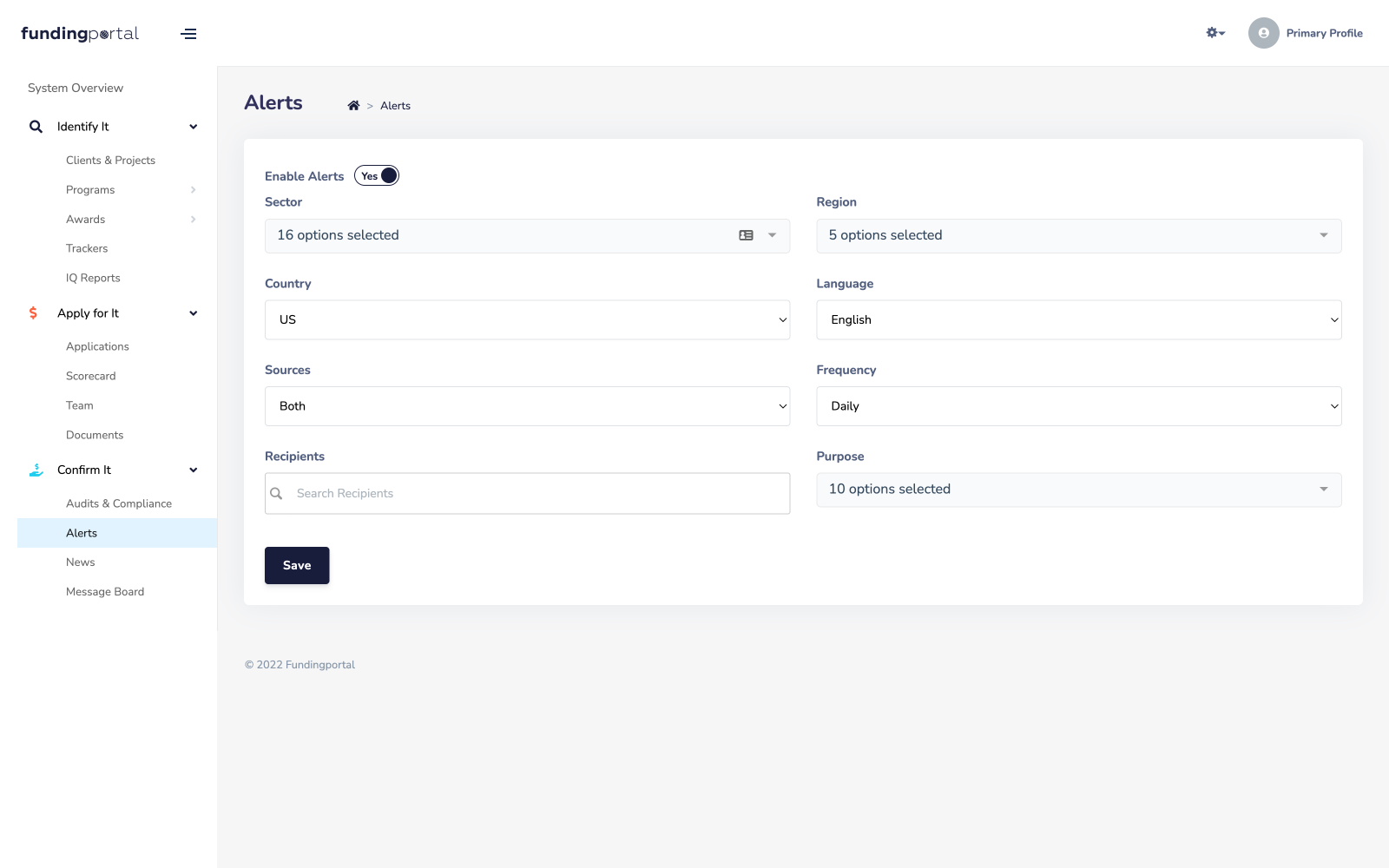 Fundingportal Enterprise alerts